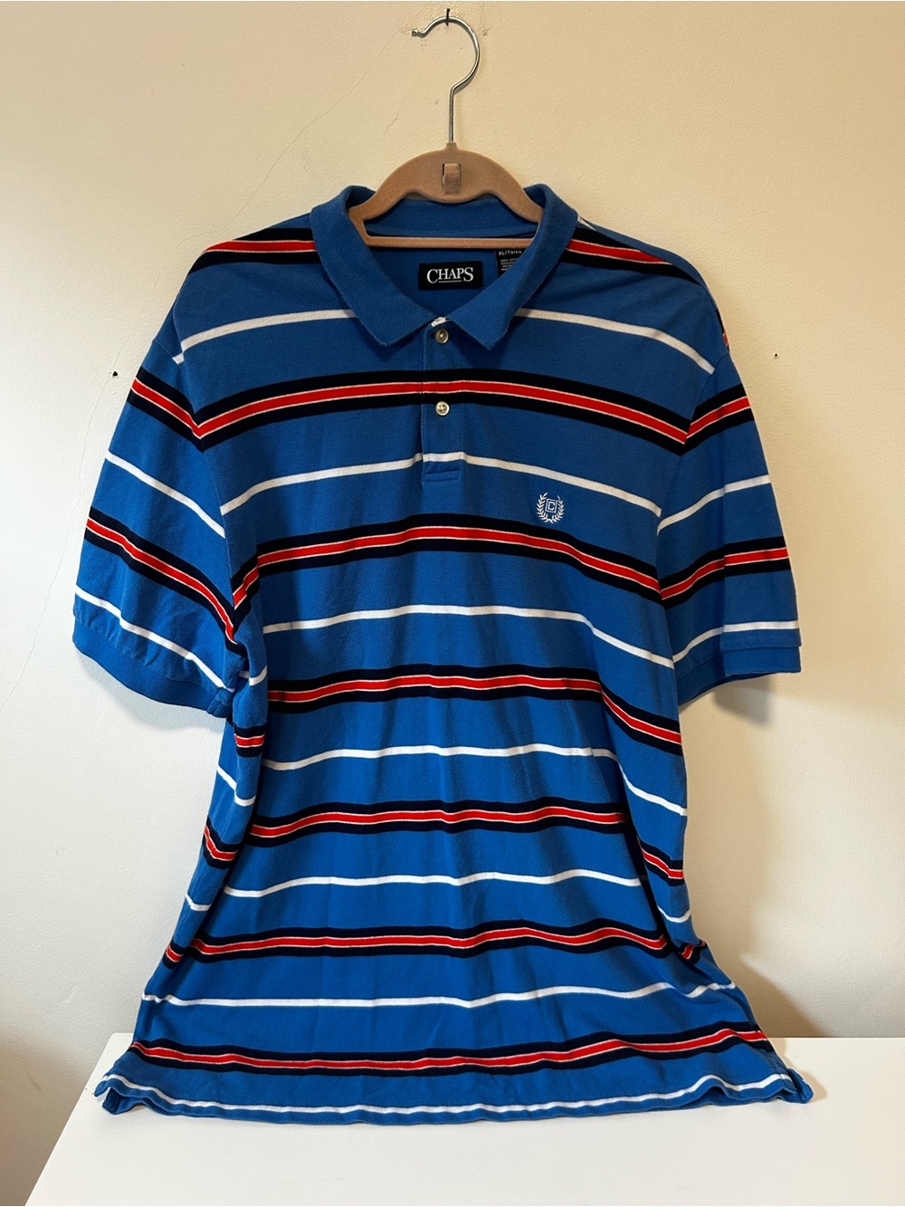 Chaps Blue Polo with White and Red Stripe Accents